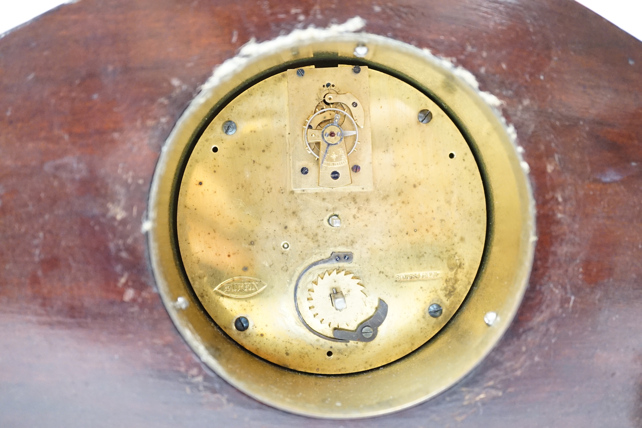 An Edwardian inlaid mahogany mantel timepiece, 29cm